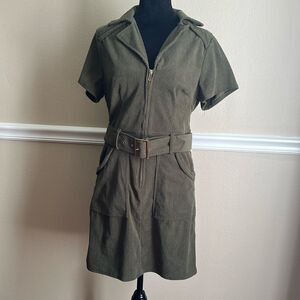 Women's Corduroy Zipper Mini Dress Army Green Size Small